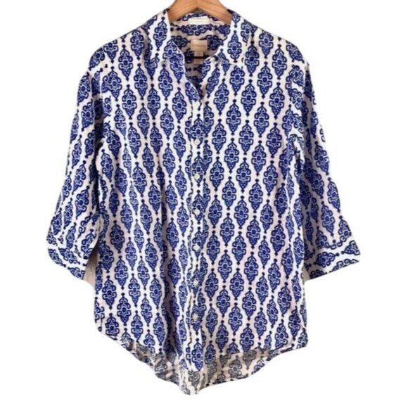 Chico's Womens Shirt Button Up 100% Linen Size L Blue Damask Print White No Iron - Picture 1 of 7